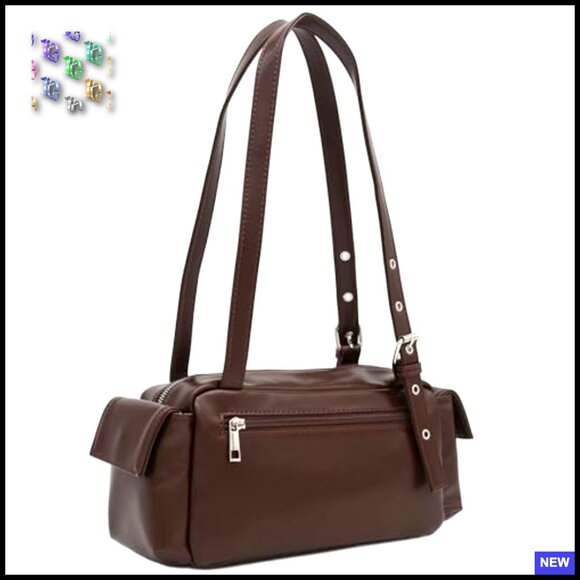 Glossy Faux Leather Shoulder Bag Multi Pocket Baguette Style Adjustable Strap - Picture 4 of 6